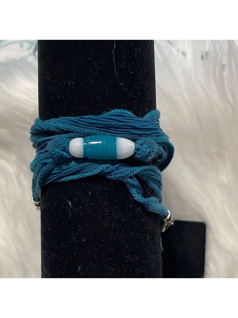 Teal Wrap Bracelet with White and teal Bead (bought in Hawaii)on silk cord